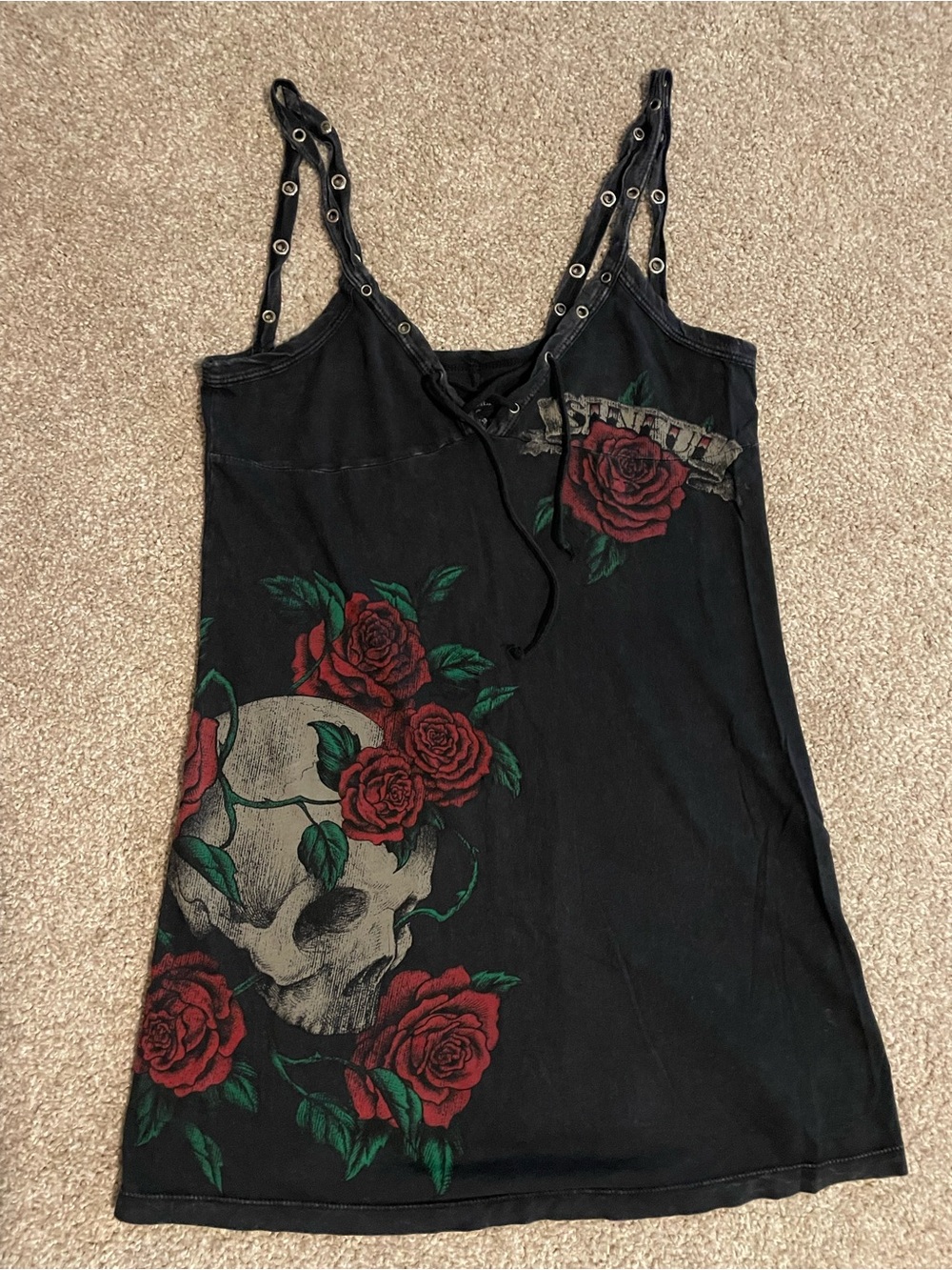 Sinful Black Tank with Red Rose & Skull Graphic